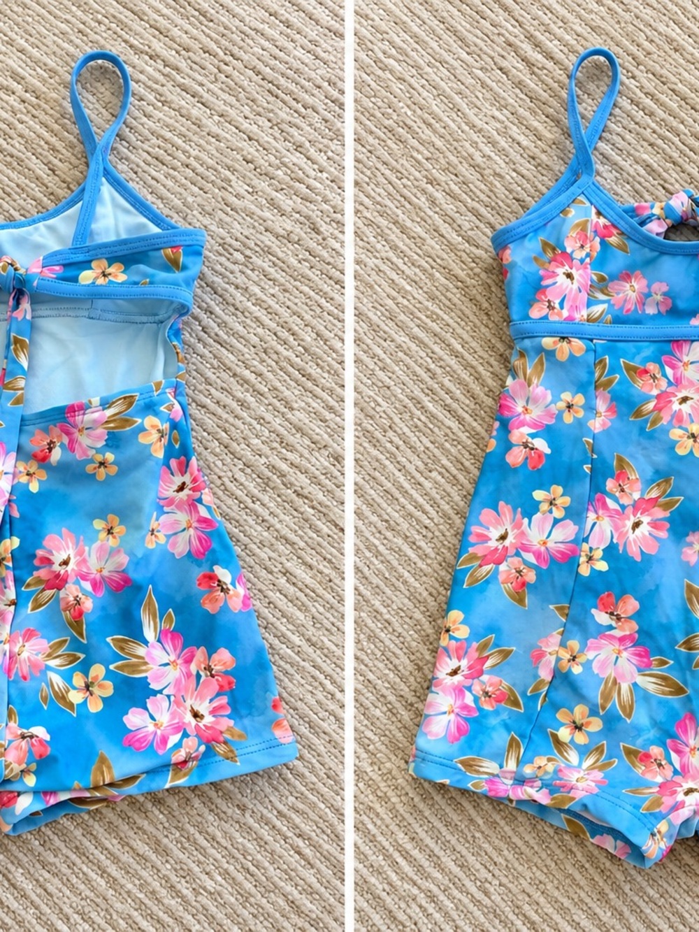 Girls Blue Floral Jumpsuit Swim Dress, Size 5T